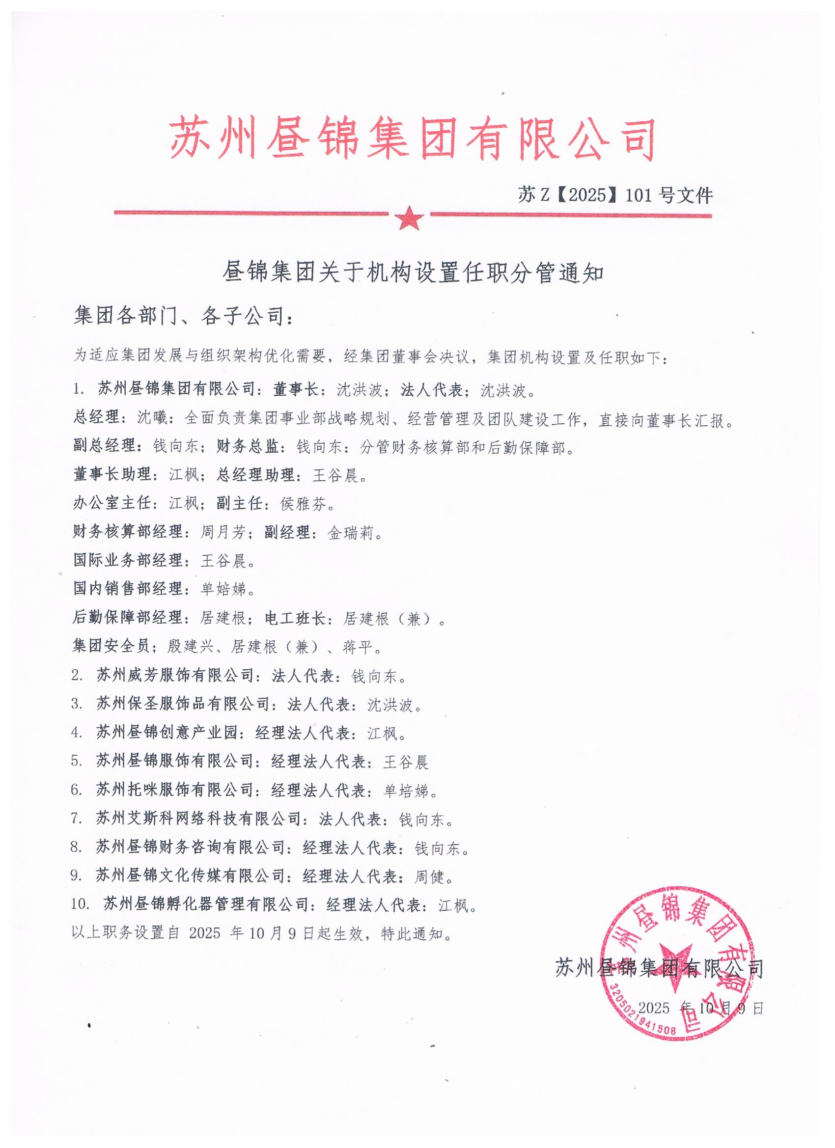 昼锦集团机构设置任职分管通知